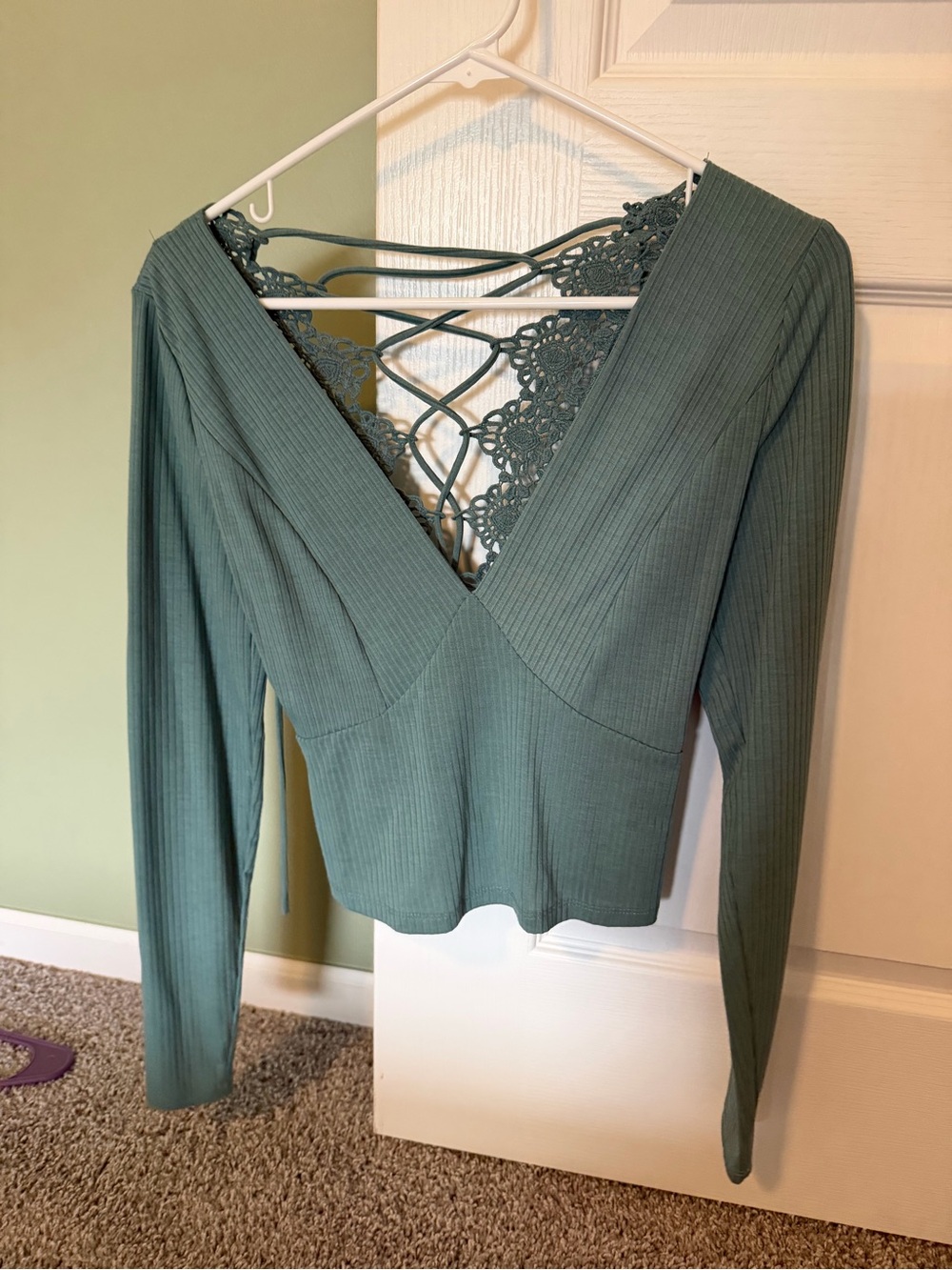 Lace-Back Ribbed V-Neck Long Sleeve Top in Sage Green